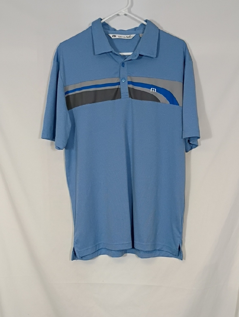 EUC Travis Mathew Shirt Mens Blue Grey Front Polo Lightweight Golf Casual Sz Lg